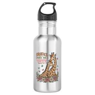 Giraffes Make Me Happy Vintage Floral Shirt Design Stainless Steel Water Bottle