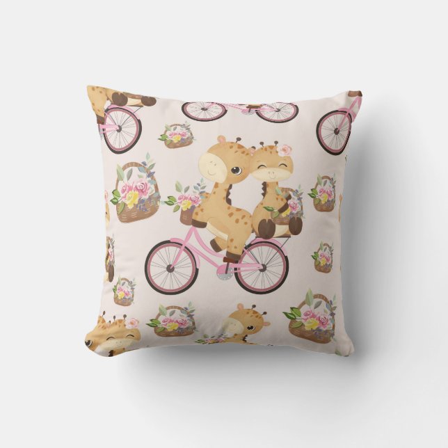 Giraffes on Bicycles with Floral Baskets Throw Pillow (Front)
