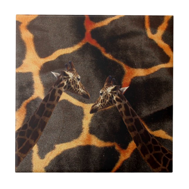 Giraffes On Exotic Giraffe Background, Ceramic Tile (Front)