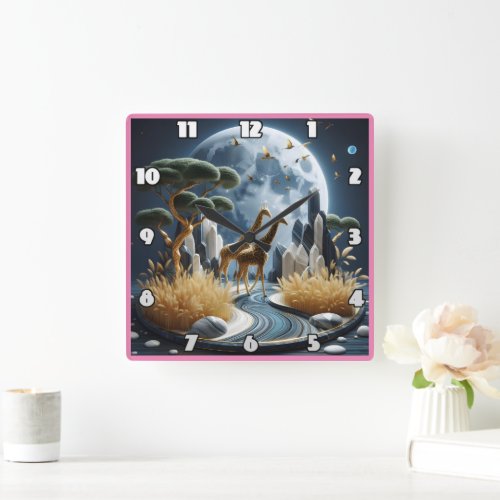 Giraffes roam a magical African night Square Wall Clock