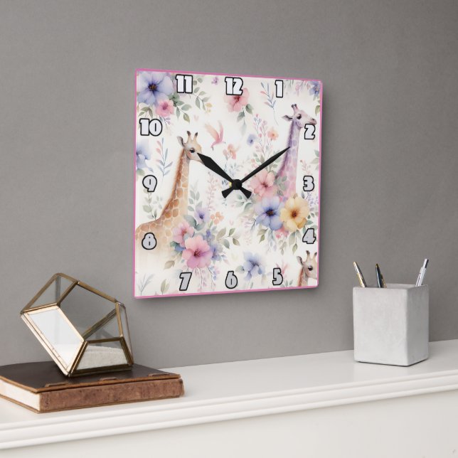 Giraffes roam through bright African blooms Square Wall Clock (Office)