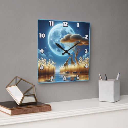 Giraffes roam under a moonlit sky square wall clock