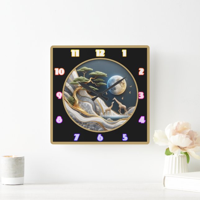 Giraffes stroll under Africa's moonlight Square Wall Clock (Home)