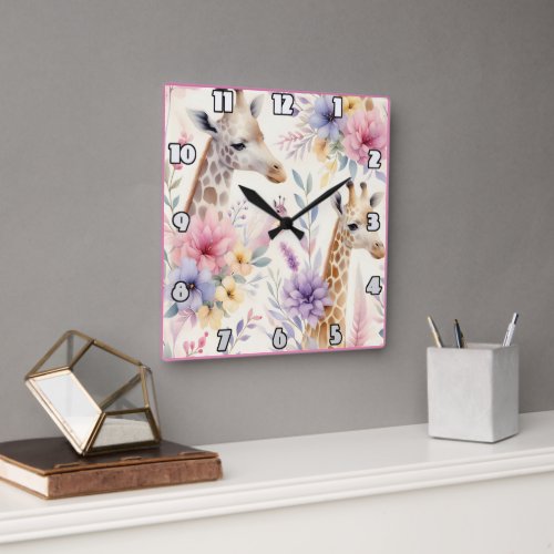 Giraffes surrounded by vibrant flowers in Africa Square Wall Clock