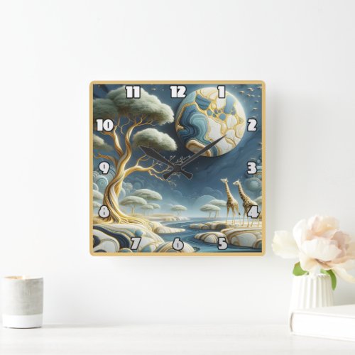 Giraffes under a celestial night sky in Africa Square Wall Clock