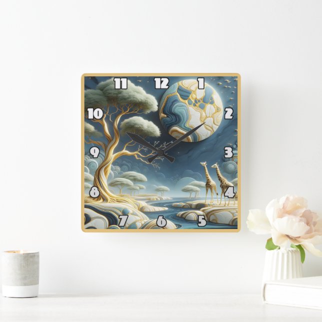 Giraffes under a celestial night sky in Africa Square Wall Clock (Home)
