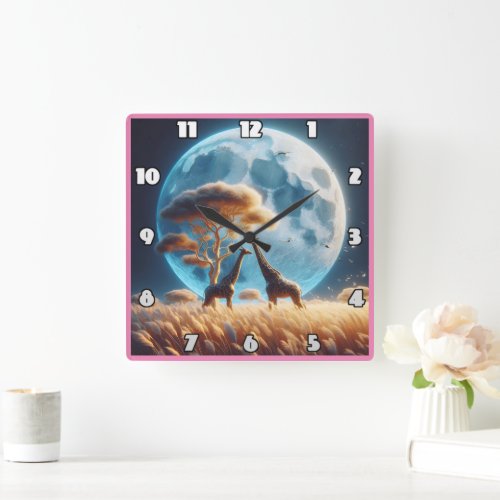 Giraffes under a full moon in Africa Square Wall Clock