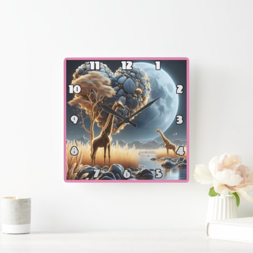 Giraffes under a moonlit sky in Africas savannah Square Wall Clock