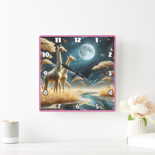 Giraffes under Africas full moon Square Wall Clock