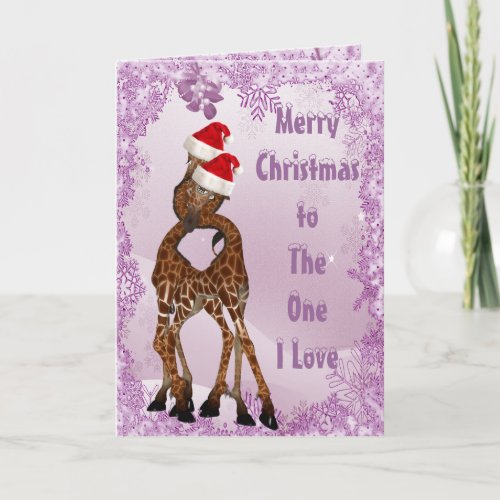 Giraffes Under the Mistletoe Purple Christmas Card