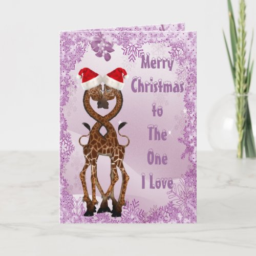 Giraffes Under the Mistletoe Purple Christmas Card