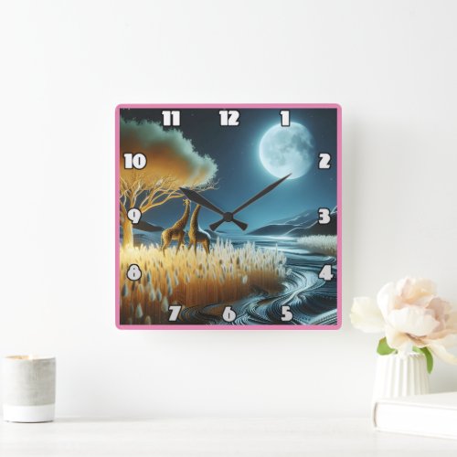 Giraffes under the moonlit African night Square Wall Clock