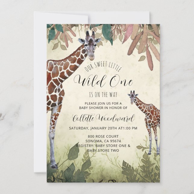 Giraffes Watercolor Wild One Baby Shower Invitation (Front)