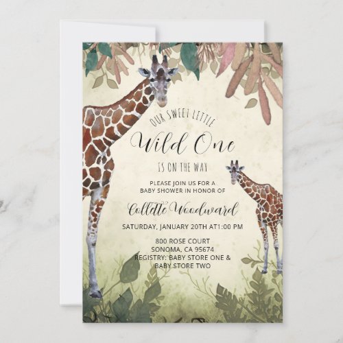 Giraffes Watercolor Wild One Baby Shower Invitation