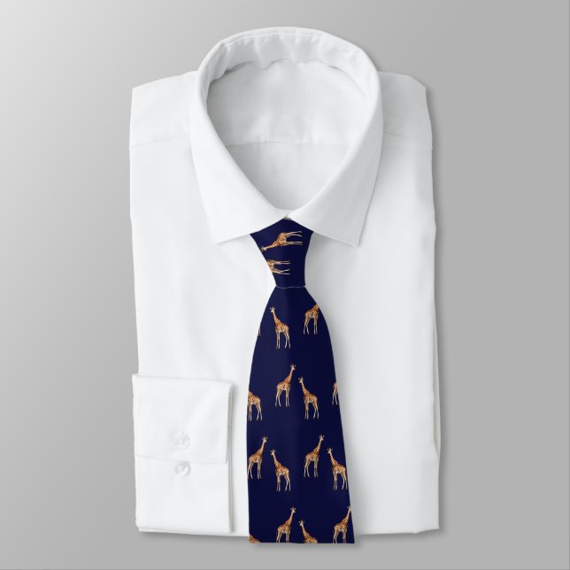 Giraffes Wildlife Pattern Dark Blue Neck Tie (Tied)
