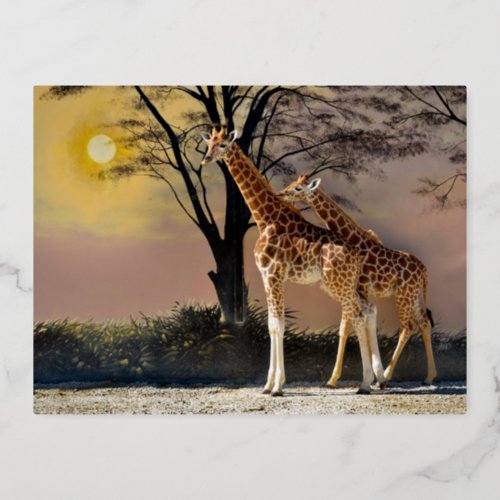 Giraffes with young and trees foil holiday postcard