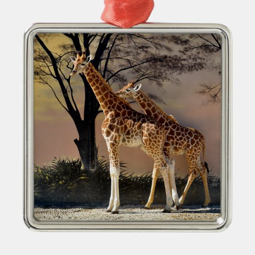 Giraffes with young and trees metal ornament