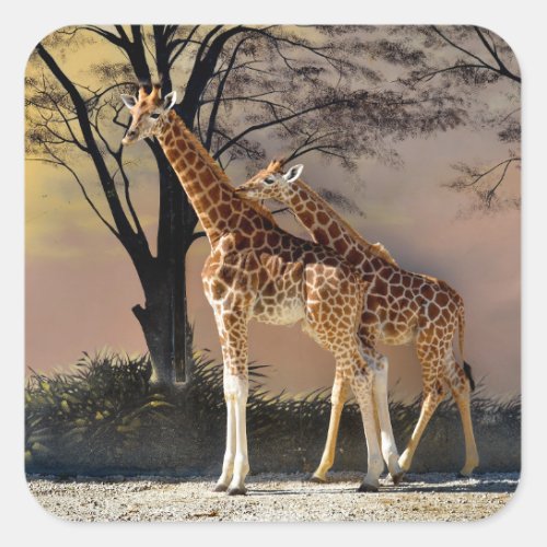 Giraffes with young and trees square sticker