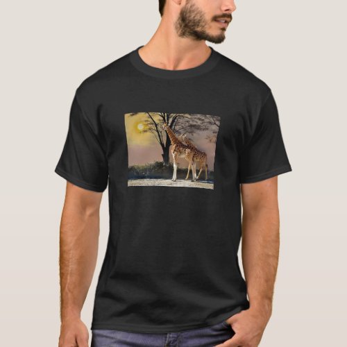 Giraffes with young and trees T_Shirt