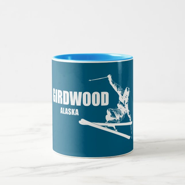 Girdwood Alaska Skier Two-Tone Coffee Mug (Center)