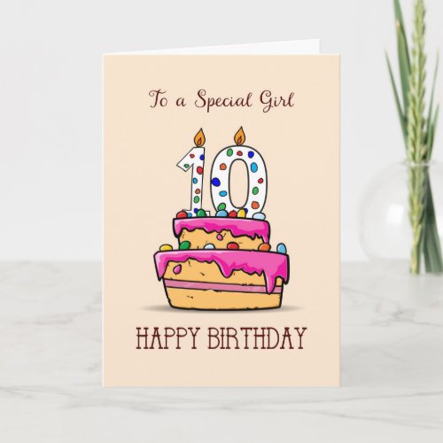 Girl 10th Birthday 10 on Sweet Pink Cake Card