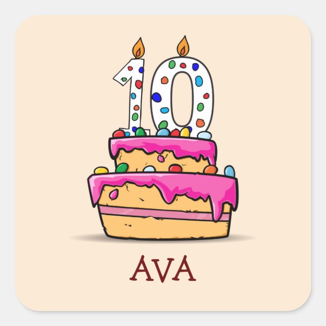 Girl 10th Birthday, 10 on Sweet Pink Cake Square Sticker (Front)
