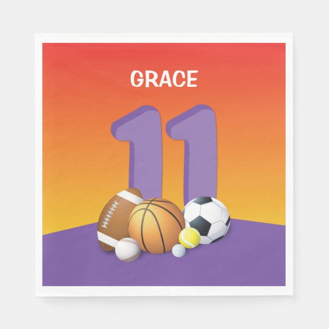 Girl 11th Birthday Sports Balls Napkins (Front)