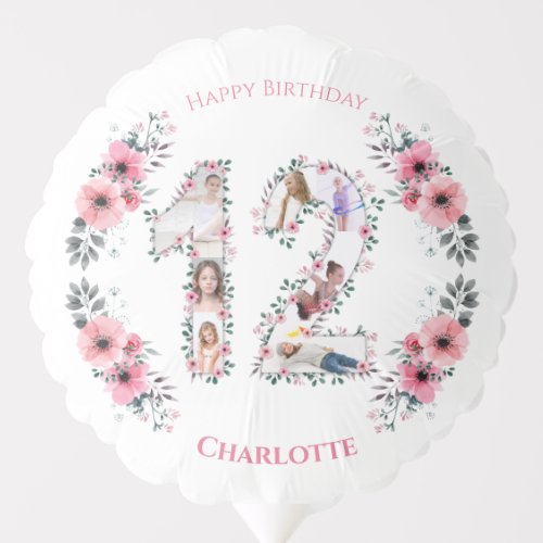 Girl 12th Birthday Photo Collage Pink Flower White Balloon