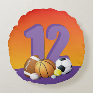 Girl 12th Birthday Sports Balls Round Pillow