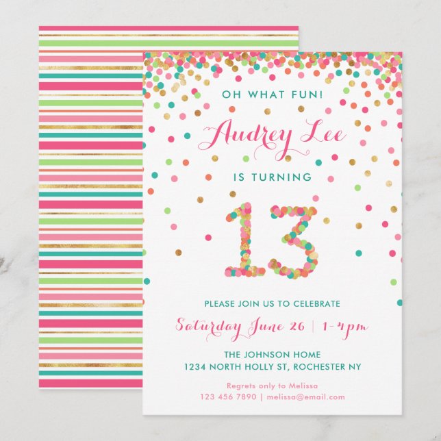 Girl 13th Birthday Invitation thirteenth birthday (Front/Back)