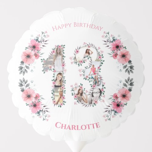 Girl 13th Birthday Photo Collage Pink Flower White Balloon