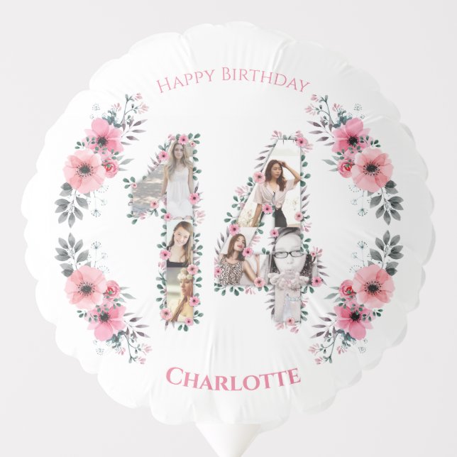 Girl 14th Birthday Photo Collage Pink Flower White Balloon (Front)