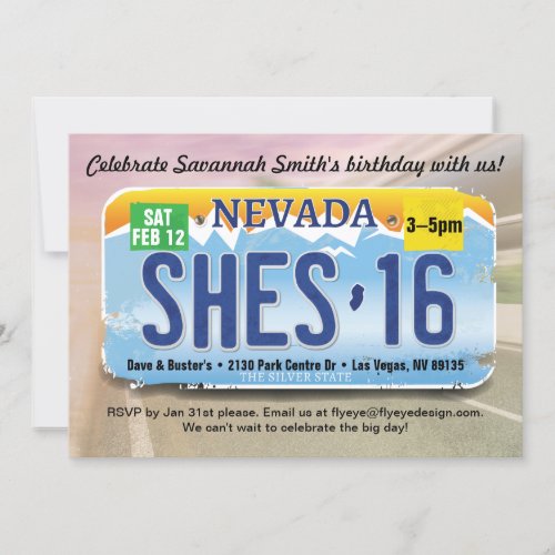 Girl 16th Birthday Nevada License Invitation