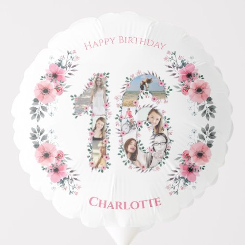 Girl 16th Birthday Photo Collage Pink Flower White Balloon