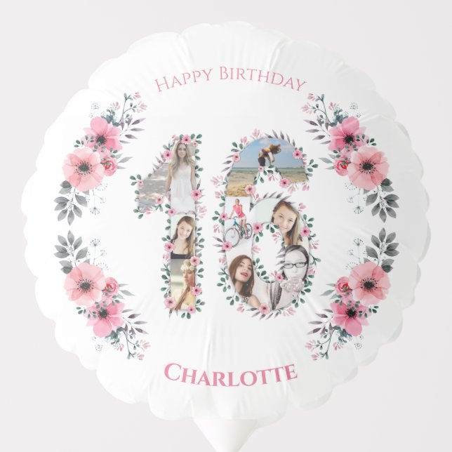 Girl 16th Birthday Photo Collage Pink Flower White Balloon (Front)