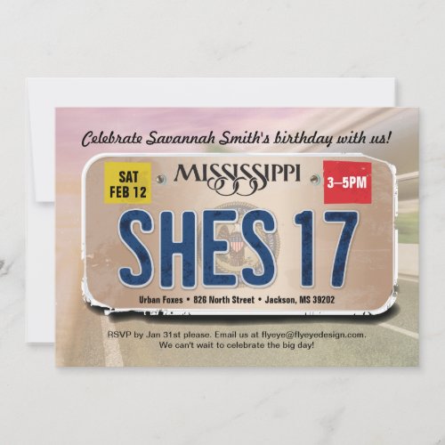 Girl 17th Birthday Mississippi License Invitation