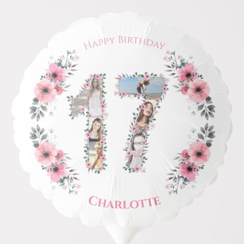 Girl 17th Birthday Photo Collage Pink Flower White Balloon