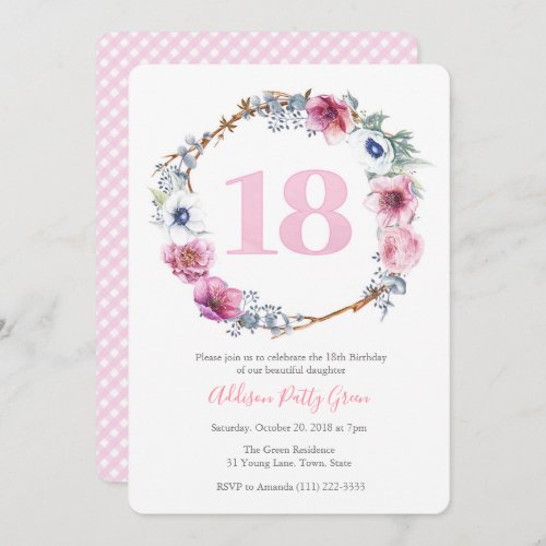 Girl 18th Birthday Party  Wreath of Pink Flowers Invitation