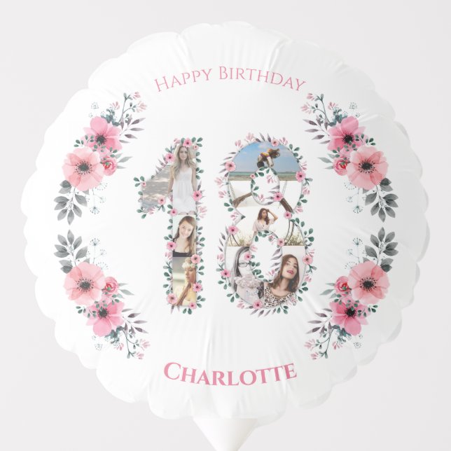 Girl 18th Birthday Photo Collage Pink Flower White Balloon (Front)