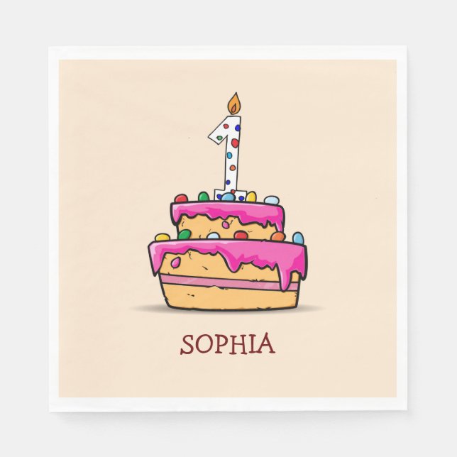 Girl 1st Birthday, 1 on Sweet Pink Cake Napkins (Front)