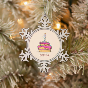 Girl 1st Birthday, 1 on Sweet Pink Cake Snowflake Pewter Christmas Ornament