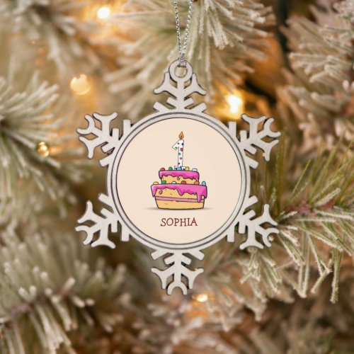 Girl 1st Birthday 1 on Sweet Pink Cake Snowflake Pewter Christmas Ornament