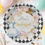 Girl 1st birthday, Alice Onederland, Tea party  Paper Plates<br><div class="desc">This delightful "Alice Onederland" paper plate is a charming addition to any girl's first birthday celebration. Featuring a whimsical Alice in Wonderland theme, the plate is adorned with iconic elements from the beloved story, set against a soft pink background. Delicate mint accents throughout the design add a refreshing touch, perfectly...</div>