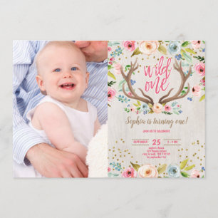 Girl 1st Birthday Antlers Rustic Wild One Photo Invitation