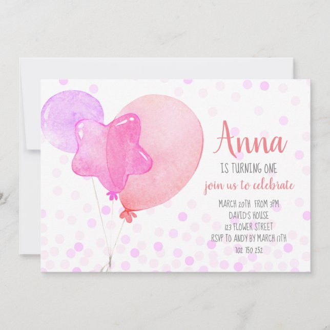 Girl 1st Birthday Ballons Confetti Pink Party Invitation (Front)