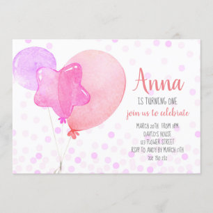 Girl 1st Birthday Ballons Confetti Pink Party Invitation
