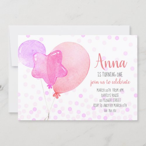 Girl 1st Birthday Ballons Confetti Pink Party Invitation