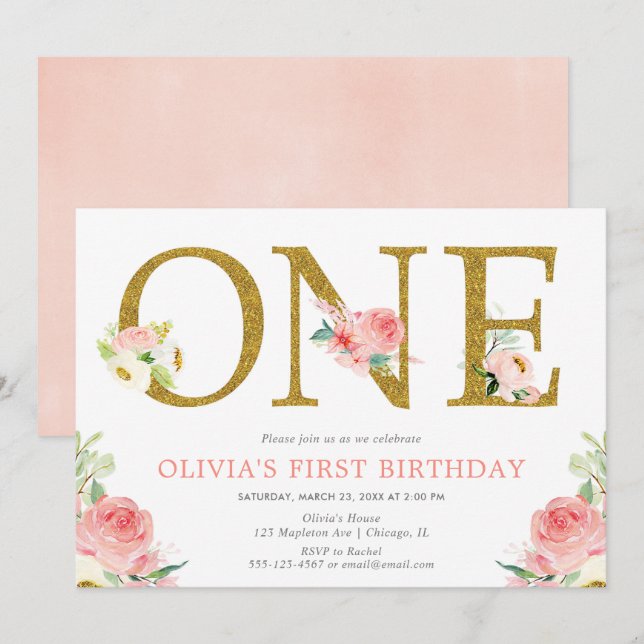 Girl 1st birthday blush pink and gold floral invitation (Front/Back)