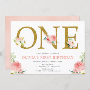 Girl 1st birthday blush pink and gold floral invitation