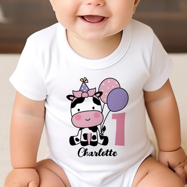 Girl 1st Birthday Cow Pink Balloons Personalized Baby T-Shirt (Creator Uploaded)